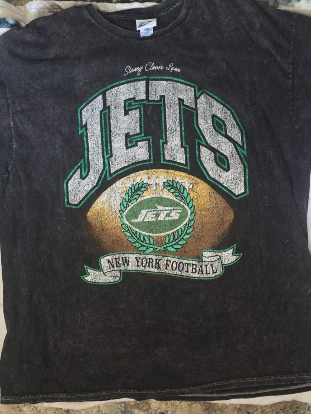Stoney Clover Lane Black Tee with Green and Gold Jets Emblem